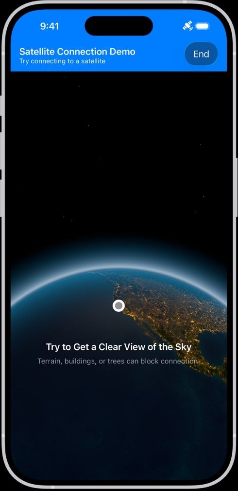iPhone satellite connection demo asking for clear view of the sky