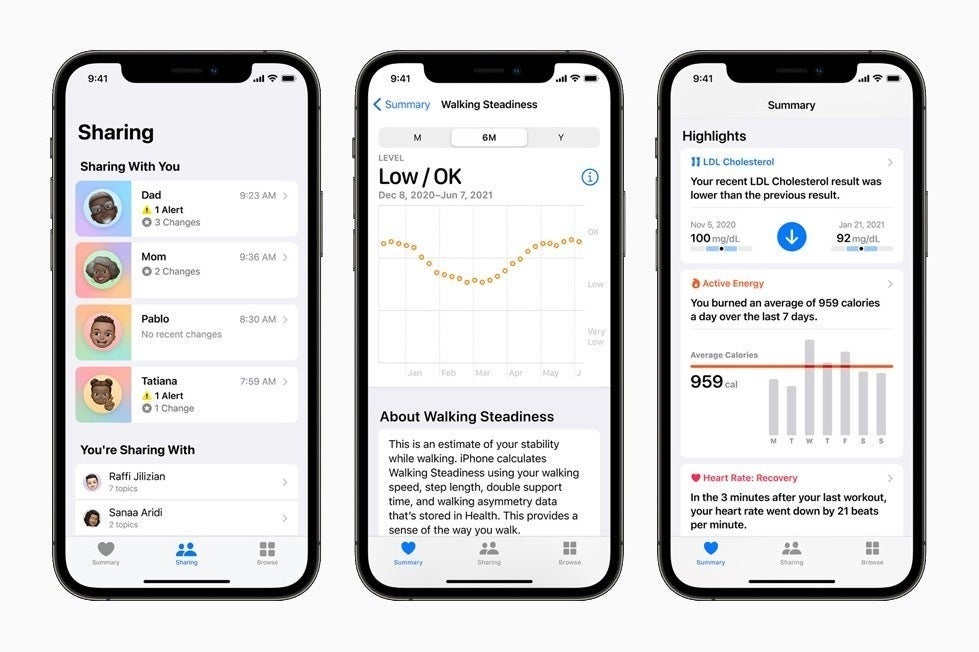 Apple Health app screens showing sharing, walking steadiness, and activity highlights