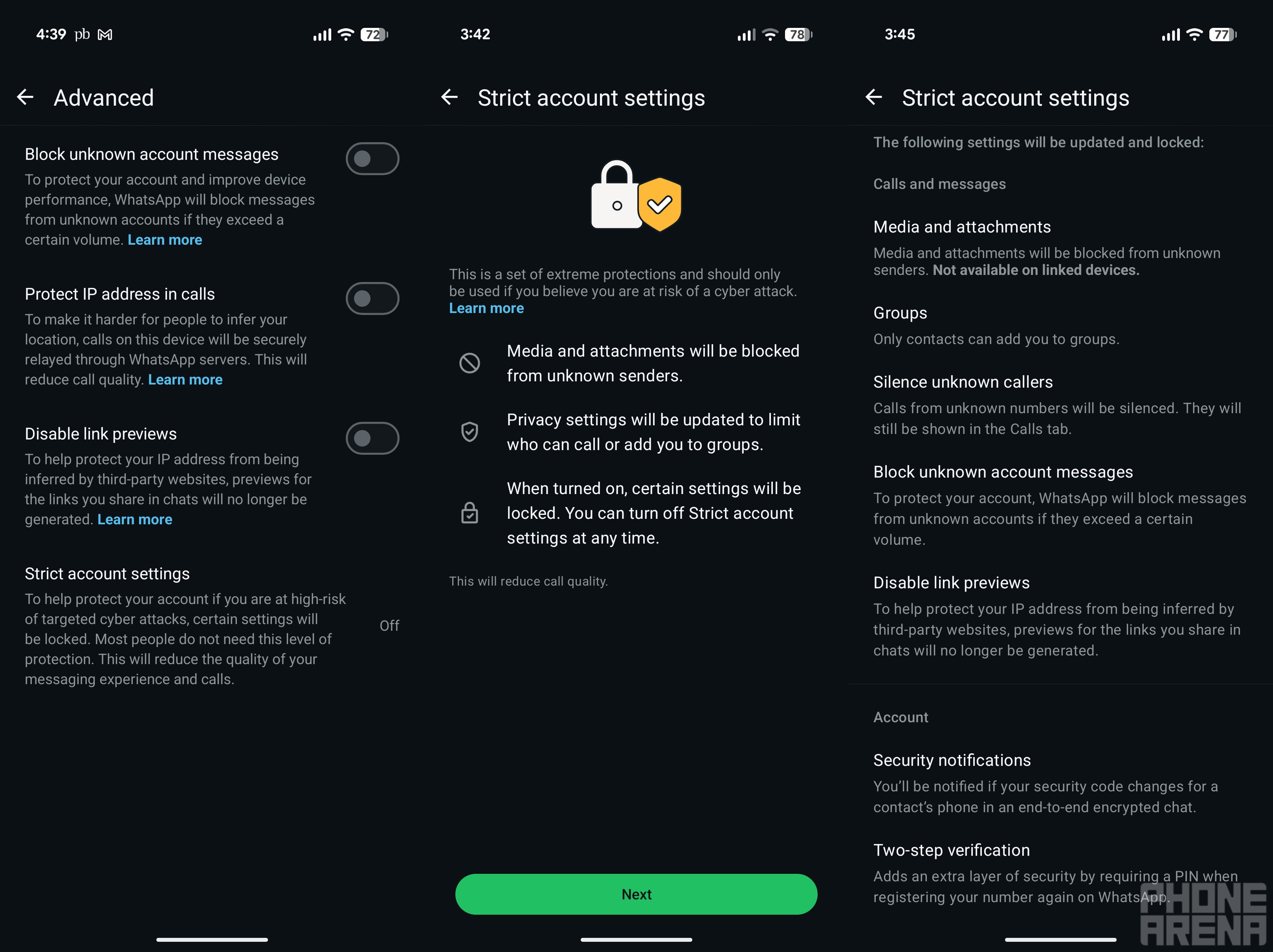 Strict Account Settings option in WhatsApp.