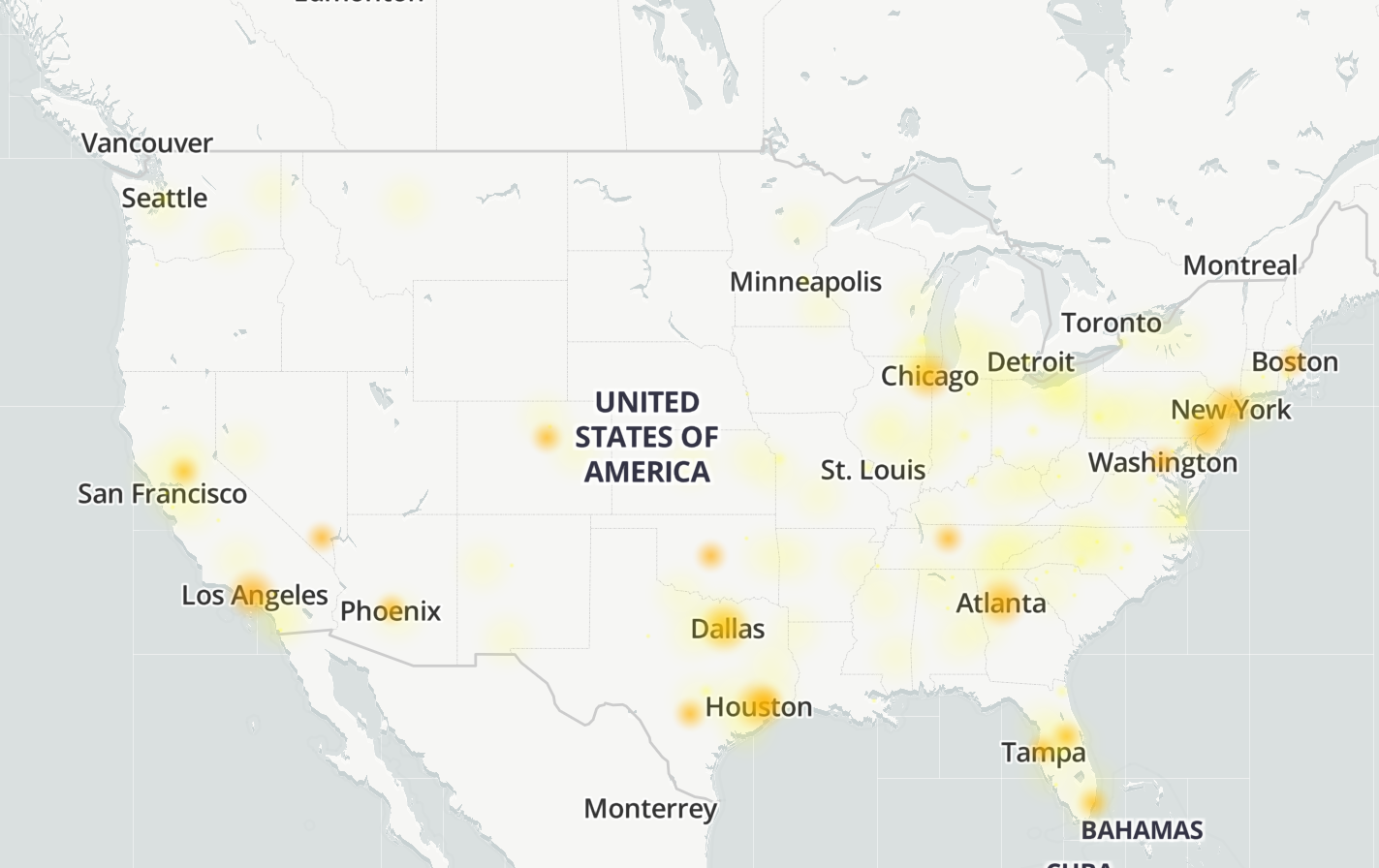 A map showing T-Mobile&amp;#039;s users reports about a recent outage. 