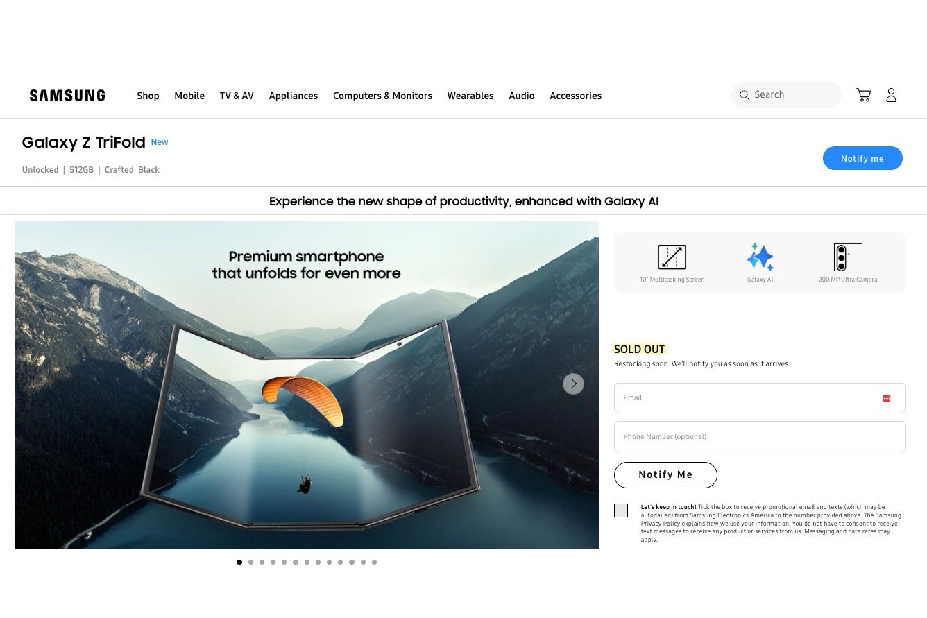 Screenshot from Samsung.com with sold out TriFold