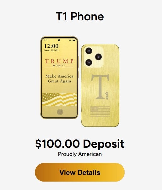 Image and pre-order prompt for Trump T1 Phone.