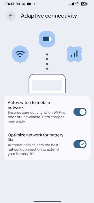 Screenshot shows new Adaptive Connectivity page with two toggles.