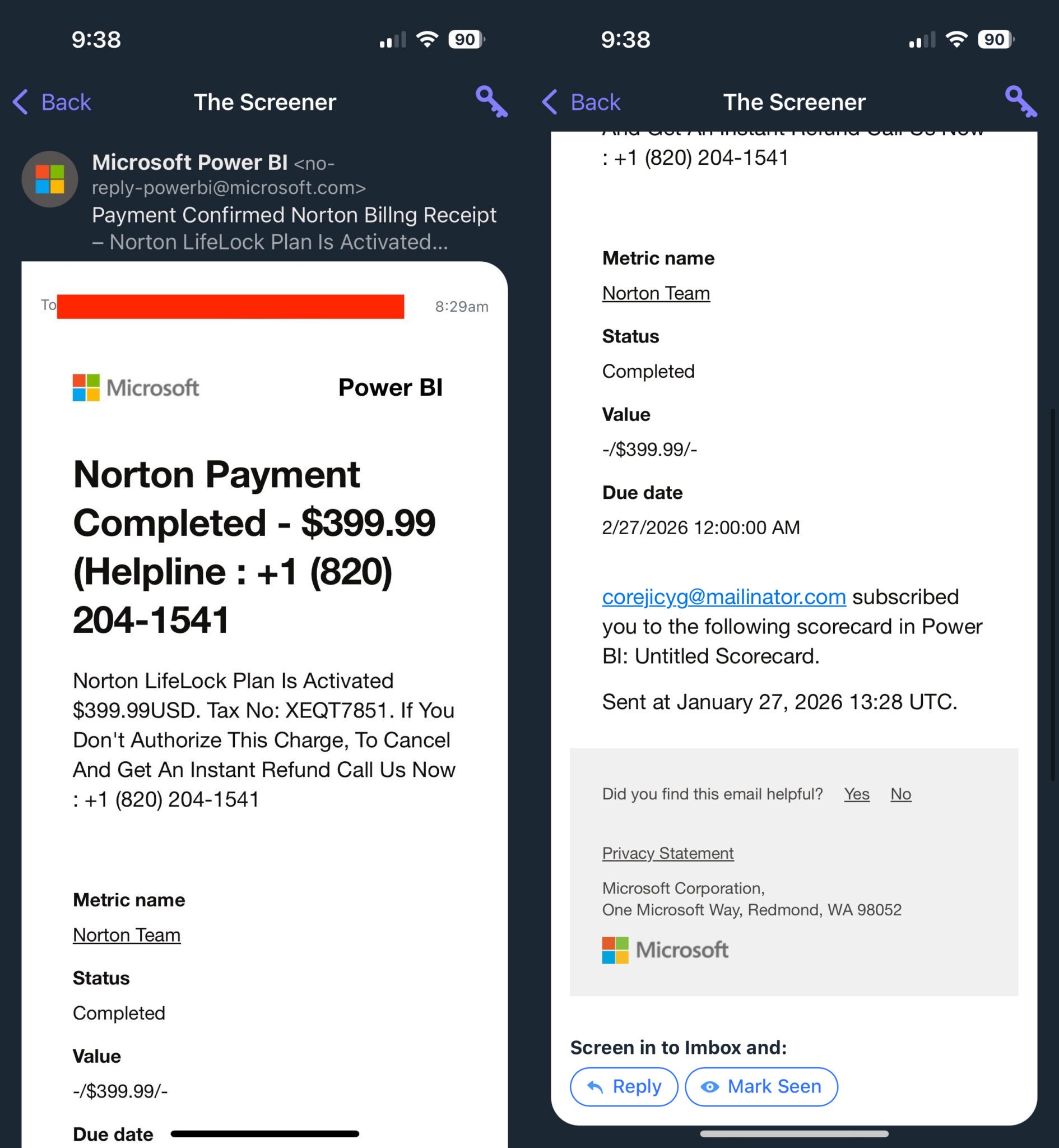 Scam email received from a Microsoft email address.