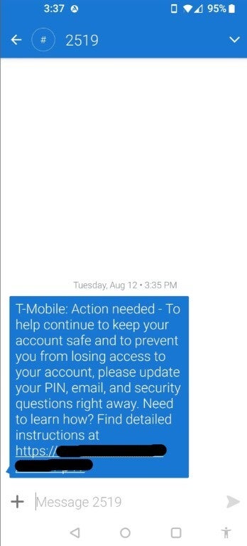 Screenshot of text message apparently sent by T-Mobile to pre-paid subscribers.
