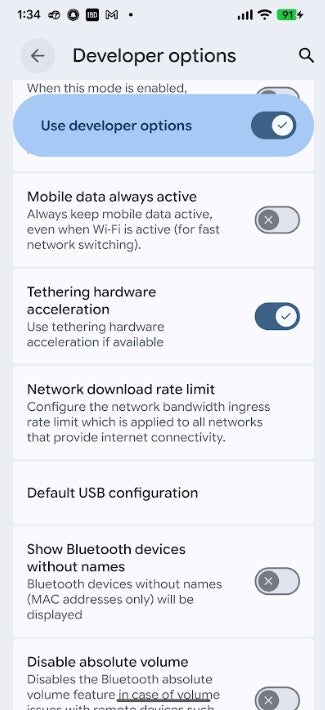 Screenshot of Developer Options setting that can add battery life to an Android phone.