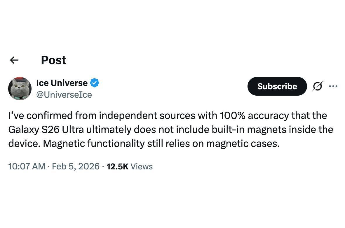 galaxy s26 ultra no magnets for qi2