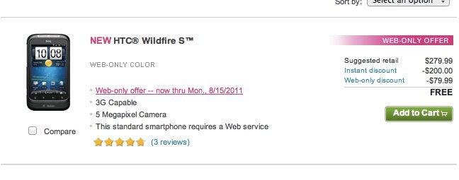 T-Mobile is selling the HTC Wildfire S online only for free until August 15th