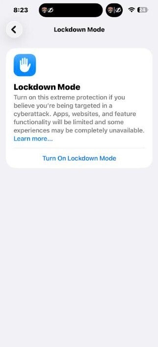 Screenshot shows iPhone about to enable Lockdown Mode.