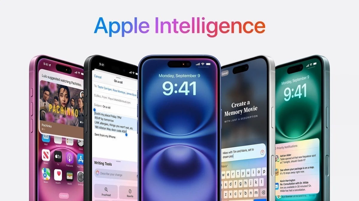 Apple Intelligence promotional image showing multiple iPhone models with AI features on screen