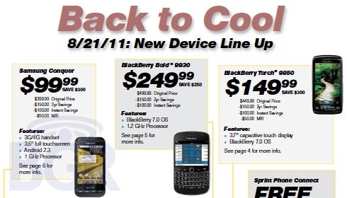 Sprint flier shows the Bold 9930 & Torch 9850 priced at $250 & $150 respectively