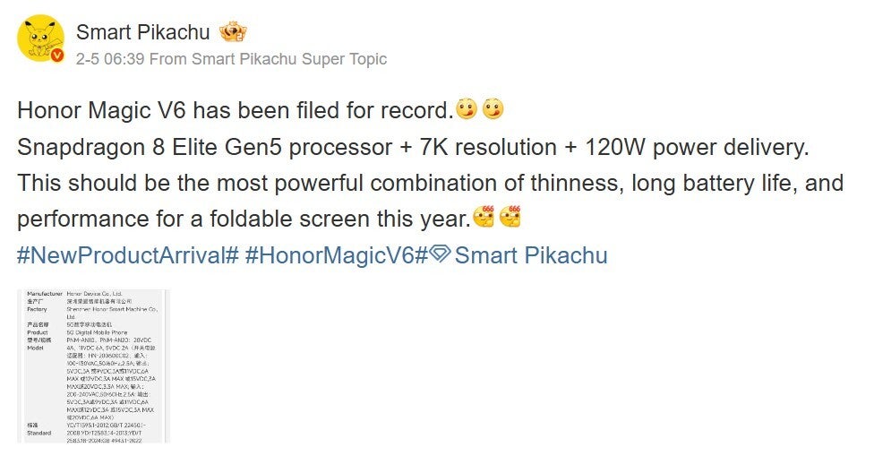SmartPikachu post about Honor Magic V6 listing. | Image Credit - Weibo - This foldable is about to beat every other foldable in battery and charging