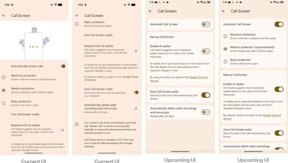 Current and upcoming UI of the Android Call Screen.