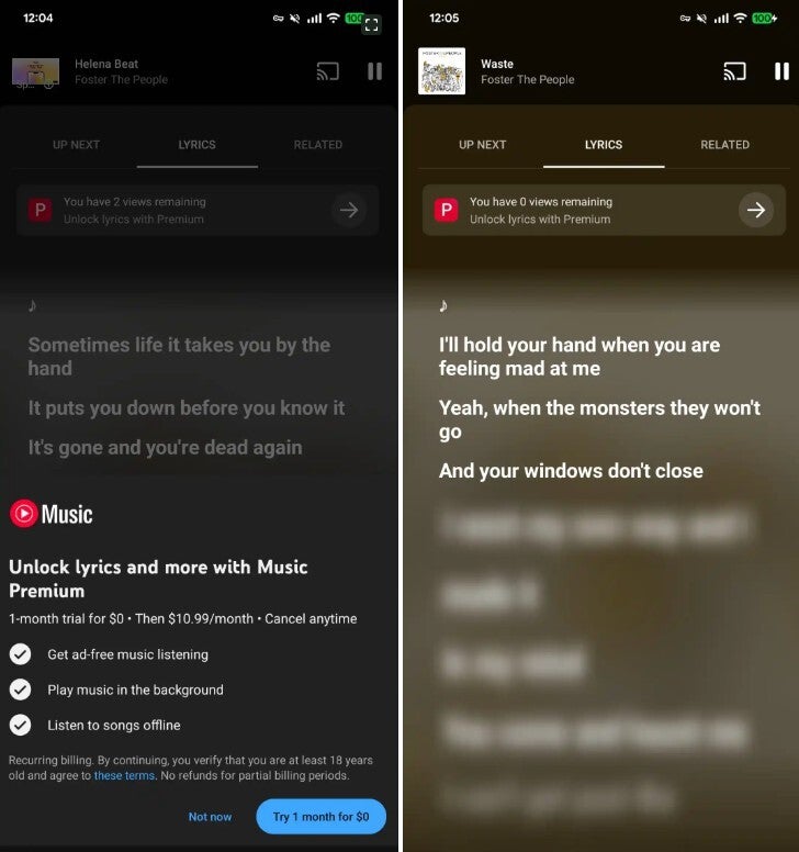 Screenshots show notification sent to YouTube Music users about subscribing to see song lyrics.