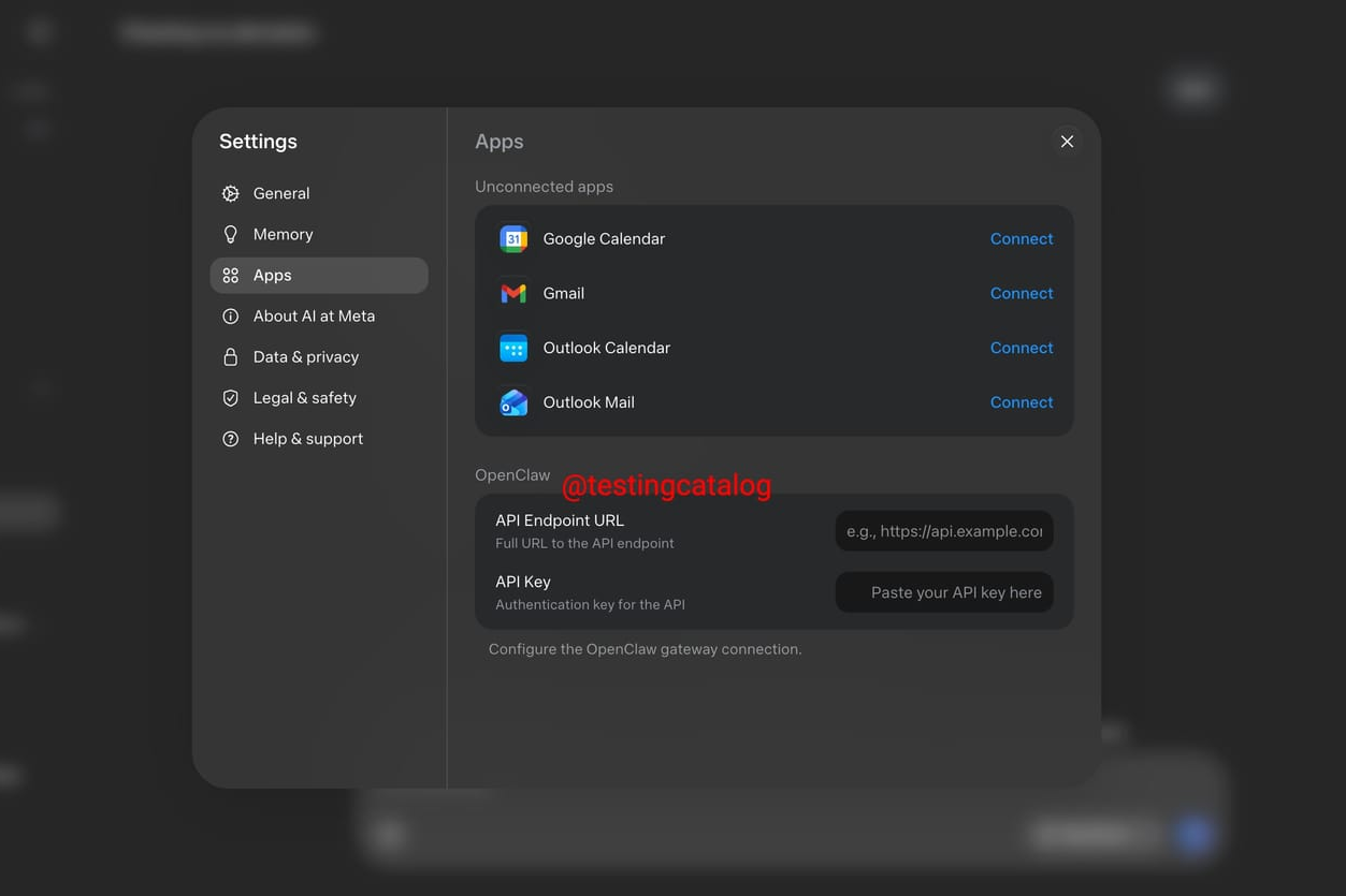 Connecting your apps seems pretty easy on Meta AI. | Image credit&mdash;TestingCatalog - Meta AI gearing up to finally rival OpenAI and Gemini