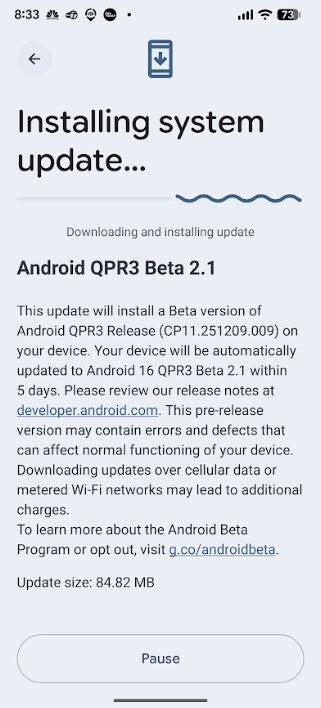 Screenshot of Android 16 QPR3 Beta 2.1 notification