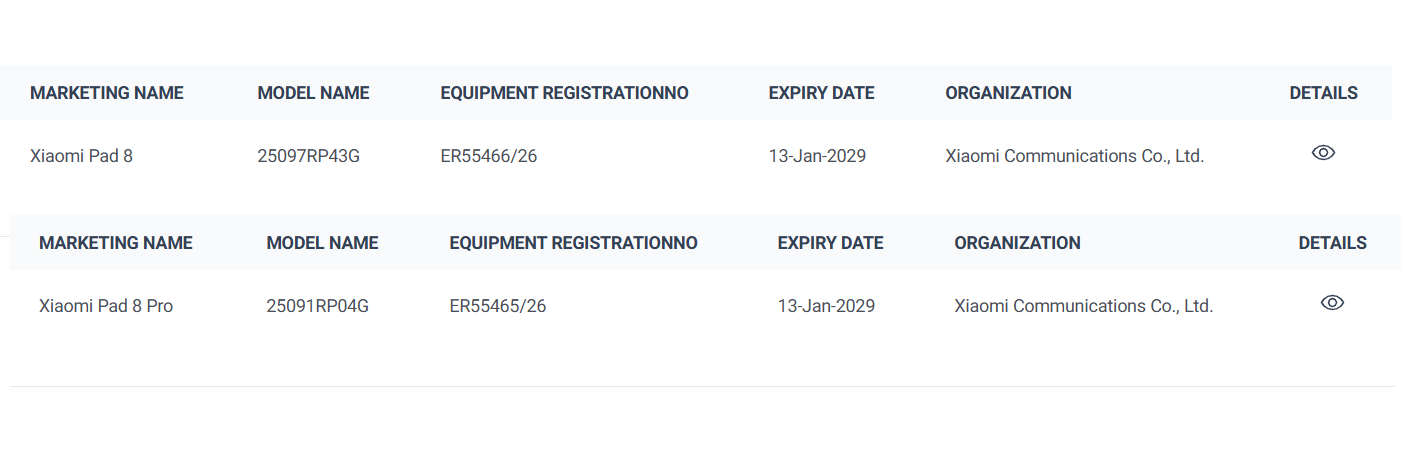 TDRA certification for the Xiaomi Pad 8 lineup. | Image by TDRA - The Xiaomi Pad 8 lineup might finally arrive on the global scene