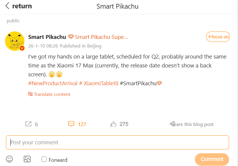 SmartPikachu teases a possible Pad 8 Max. | Image by Weibo - The Xiaomi Pad 8 lineup might finally arrive on the global scene