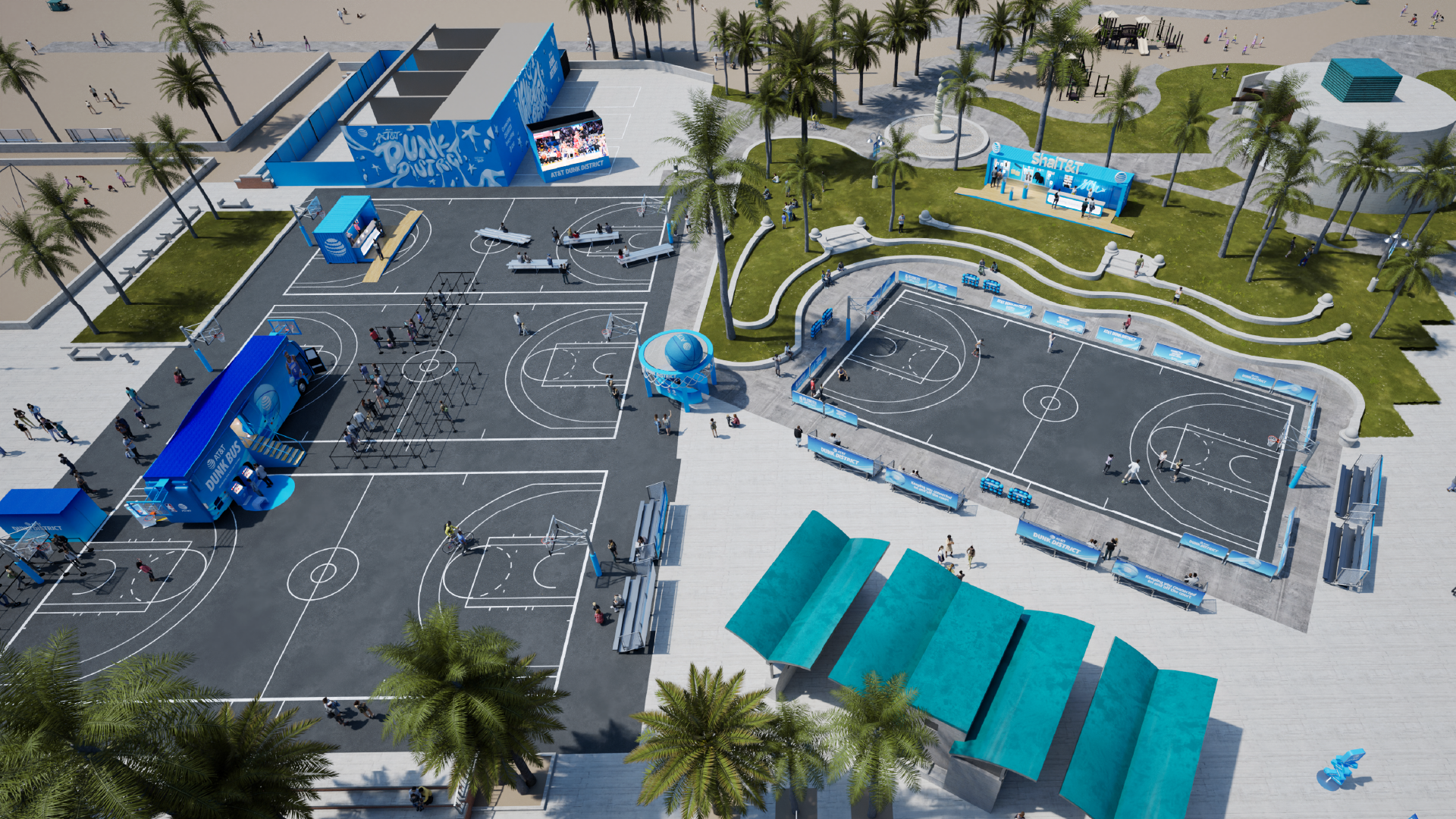 A basketball court seen from the air.