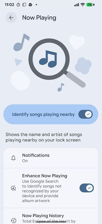 Screenshot shows the Pixel's Now Playing settngs page.