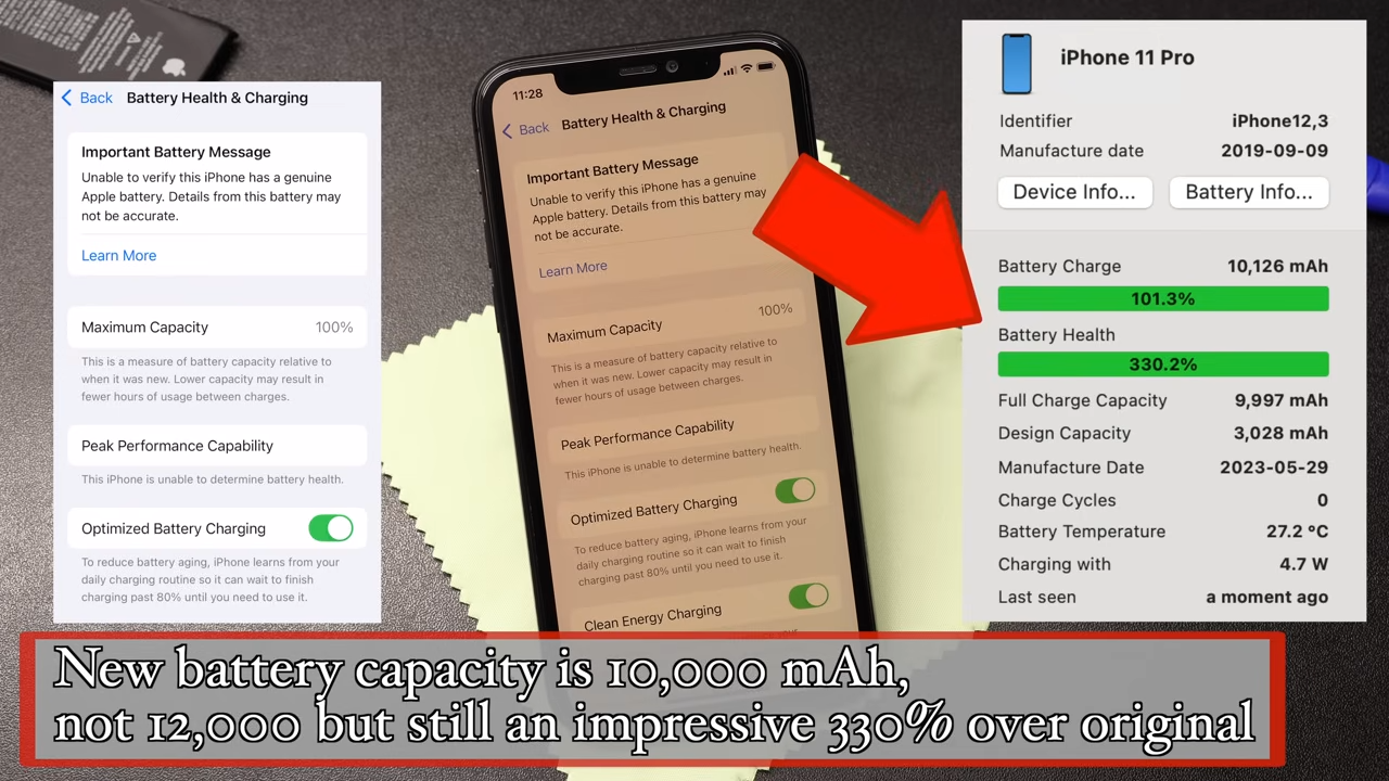 Crazy numbers. | Image by The Fix, a YouTube channel - Have you ever seen an iPhone with a 12,000 mAh battery? You're not dreaming, here it is!
