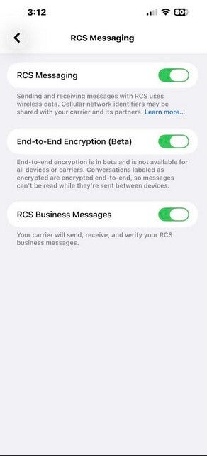 Screenshot showing new E2E encryption feature for RCS in iOS 26.4 Beta 1.