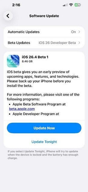 Notifcation of iOS 26.4 Beta 1 update.