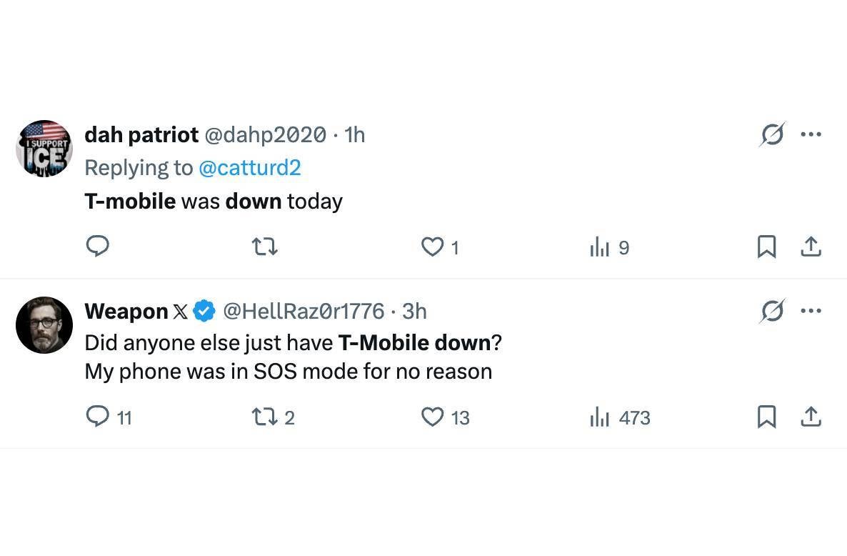 T-Mobile was down for some users. | Image by X - T-Mobile is possibly down for some users