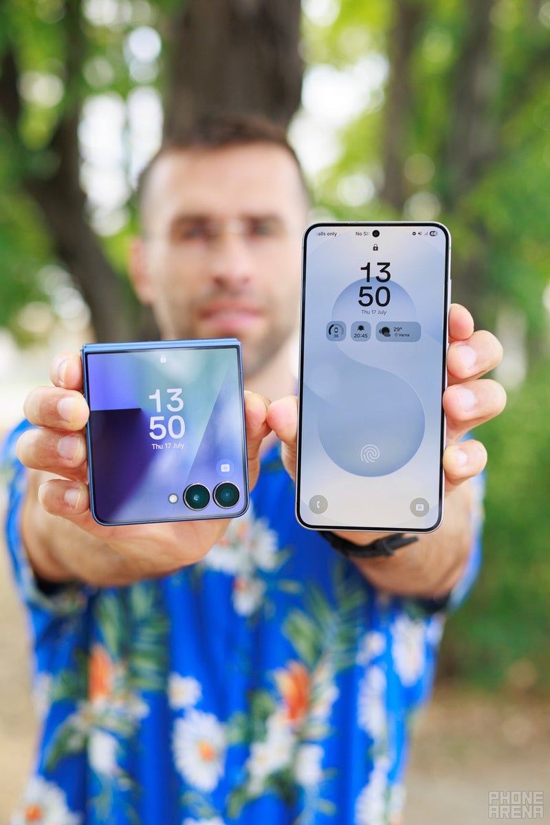 Samsung Galaxy Z Flip 7 cover screen next to Galaxy S25 home screenSamsung Galaxy Z Flip 7 and Galaxy S25 front displays held side by side