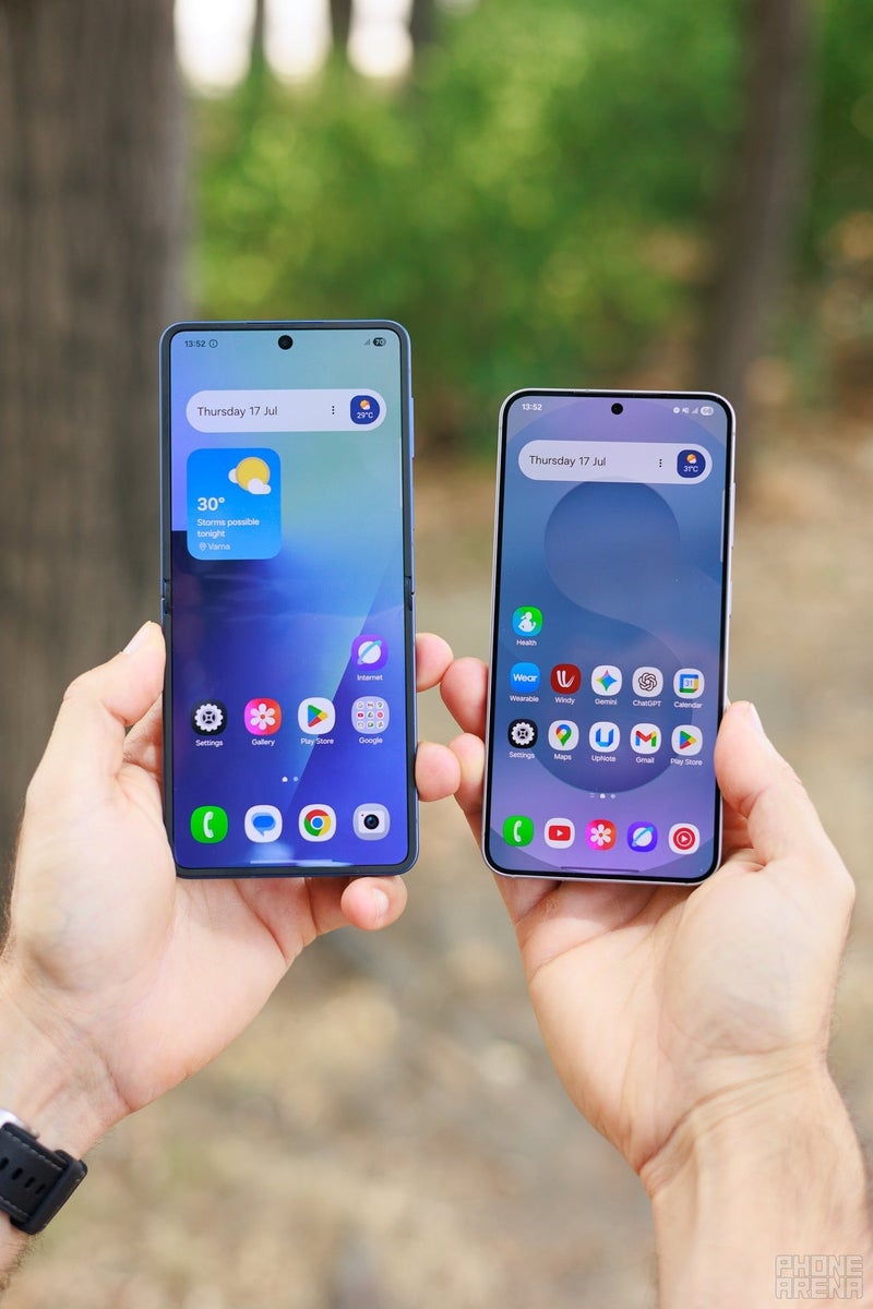Samsung Galaxy Z Flip 7 and Galaxy S25 held outdoors