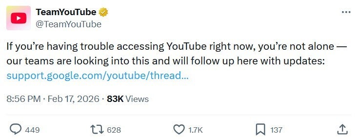 Message about the outage posted on the YouTube X page. | Image by X - Massive outage hits YouTube (UPDATE)