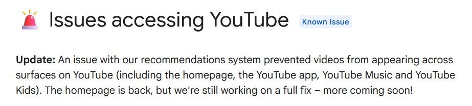 Google posts a hopeful update. | Image by Google - Massive outage hits YouTube (UPDATE)