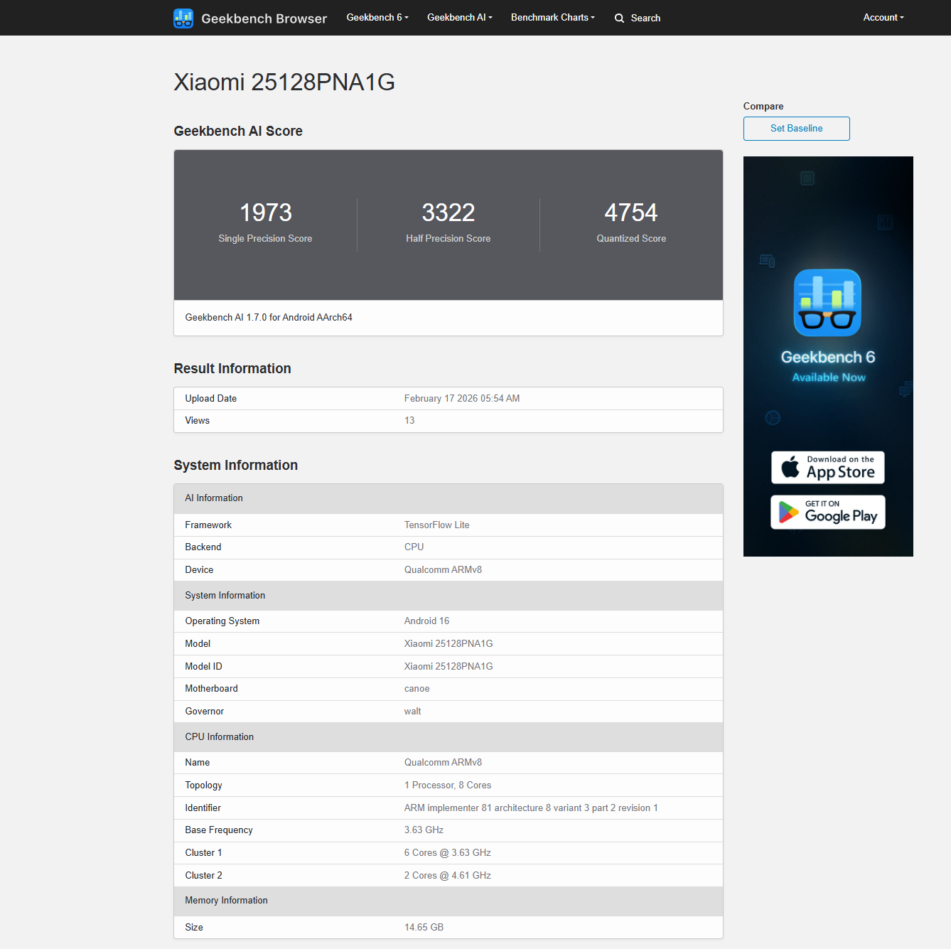 Geekbench listing of a rumored global variant of the Xiaomi 17 Ultra Leica Edition. | Image by Geekbench - Rumored global variant of the Xiaomi 17 Ultra Leica Edition shows up on Geekbench
