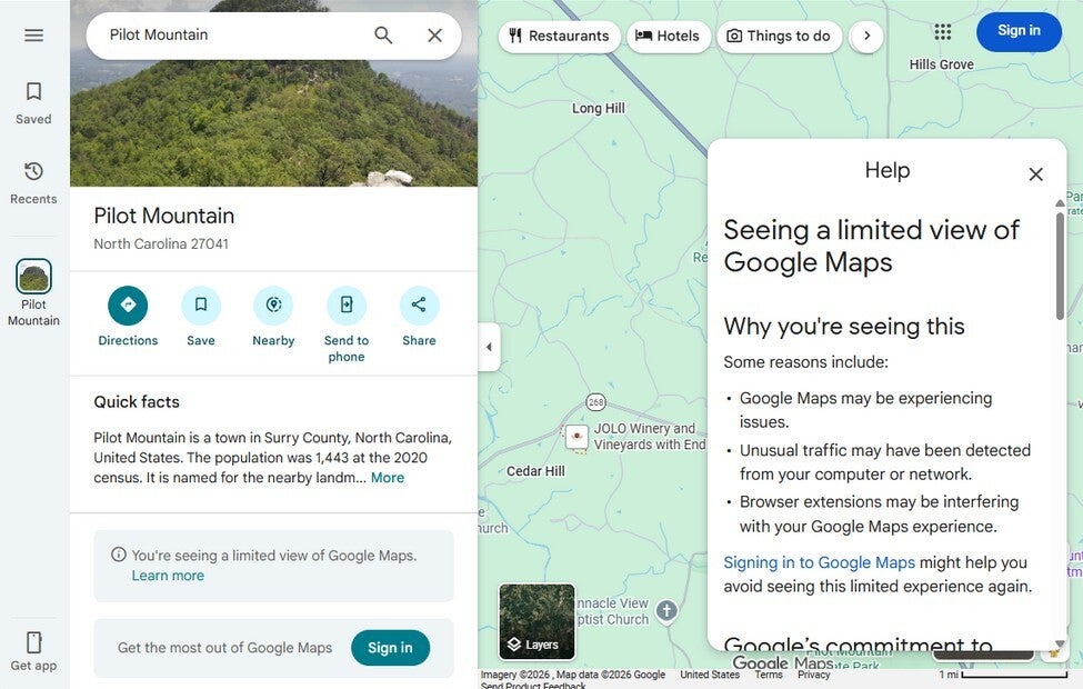 Limited view mode for Google Maps on a PC.
