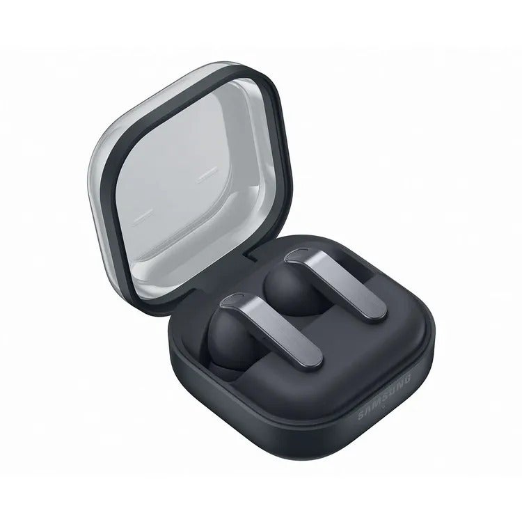Open Galaxy Buds 4 Pro case showing dark earbuds inside.