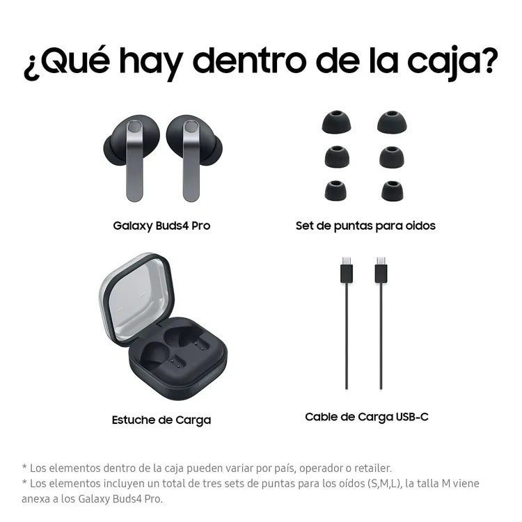 Galaxy Buds 4 Pro box contents with earbuds, tips and USB-C cable.