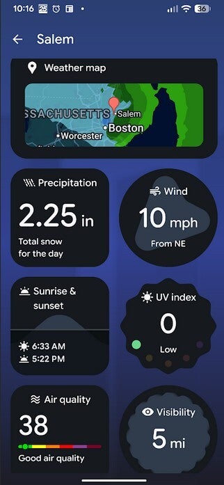 पिक्सेल वेदर ऐप का स्क्रीनशॉट।