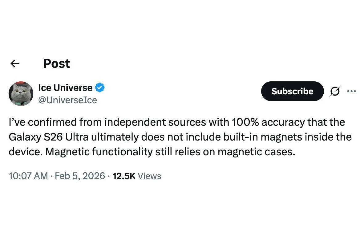 Some credible sources claim the S26 won't have built-in Qi2 wireless charging magnets | Image by X - New leak suggests the Galaxy S26 Ultra's S Pen may not bring back a dearly missed feature