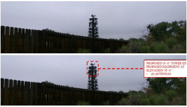 A collage of a cell tower before and after.