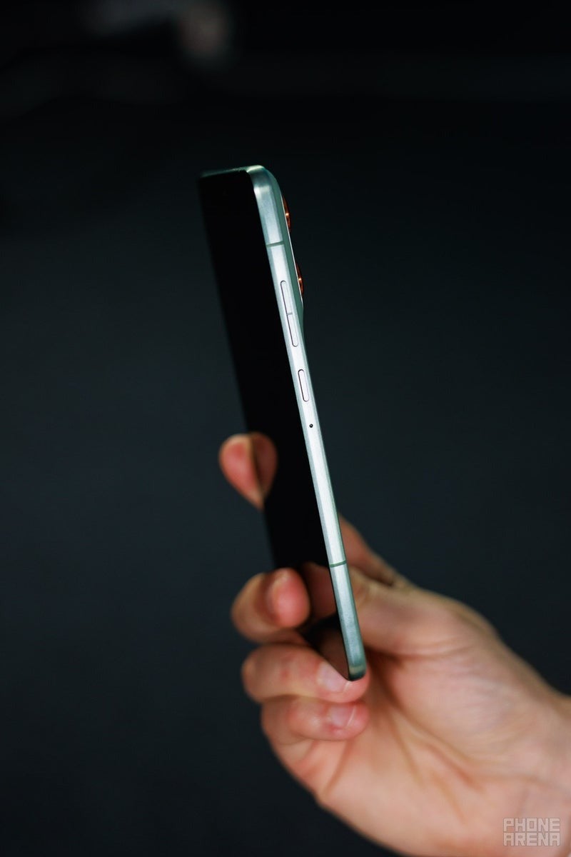 Motorola Edge 70 side profile showing frame and buttons in hand.