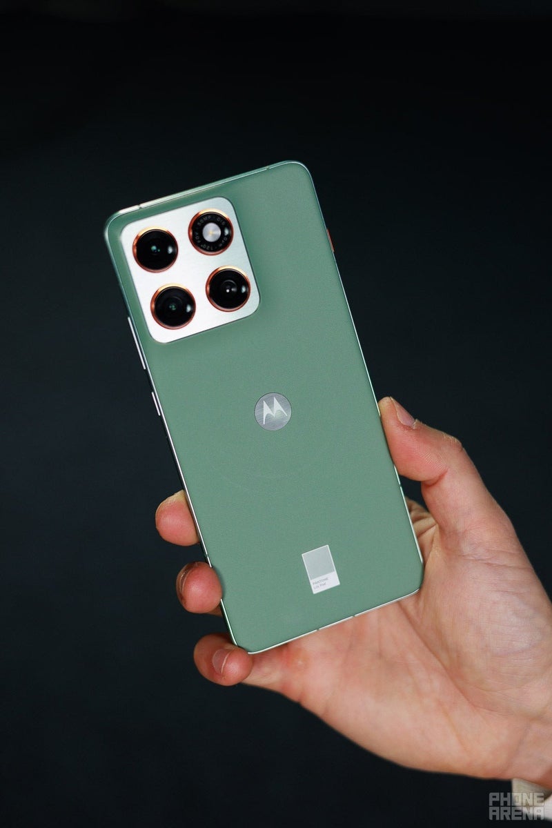 Motorola Edge 70 rear view in green finish with quad camera module.