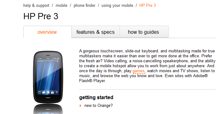 Orange UK has gone live with its support site for the HP Pre 3 - Orange UK turns on its HP Pre 3 support page, still no launch date