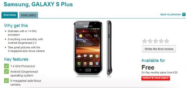 Vodafone makes the Samsung Galaxy S Plus available for purchase