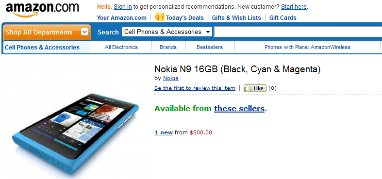 The Nokia N9 is available for pre-order from Amazon with a September 23rd shipping date - Amazon offering unlocked Nokia N9 to be shipped September 23rd