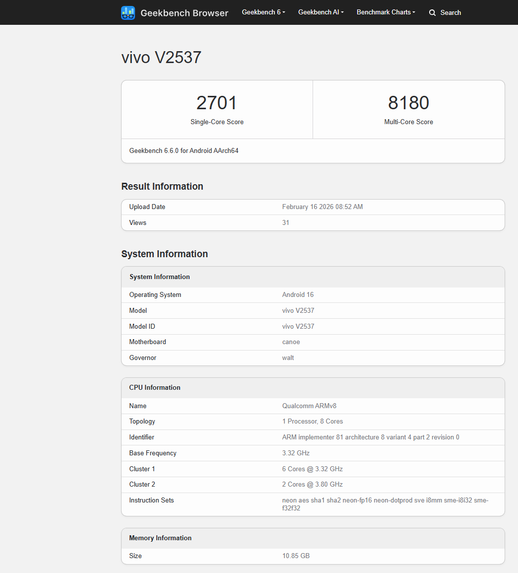 Geekbench listing of the Vivo X300 FE | Image by Geekbench - Vivo X300 Ultra and Vivo X300 FE global launch indicated by certifications