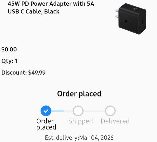 One recipient of the $50 credit used it to buy a 45W charger. | Image by Reddit - Mysterious $50 credits sent to some Samsung Accounts before Wednesday's Unpacked event