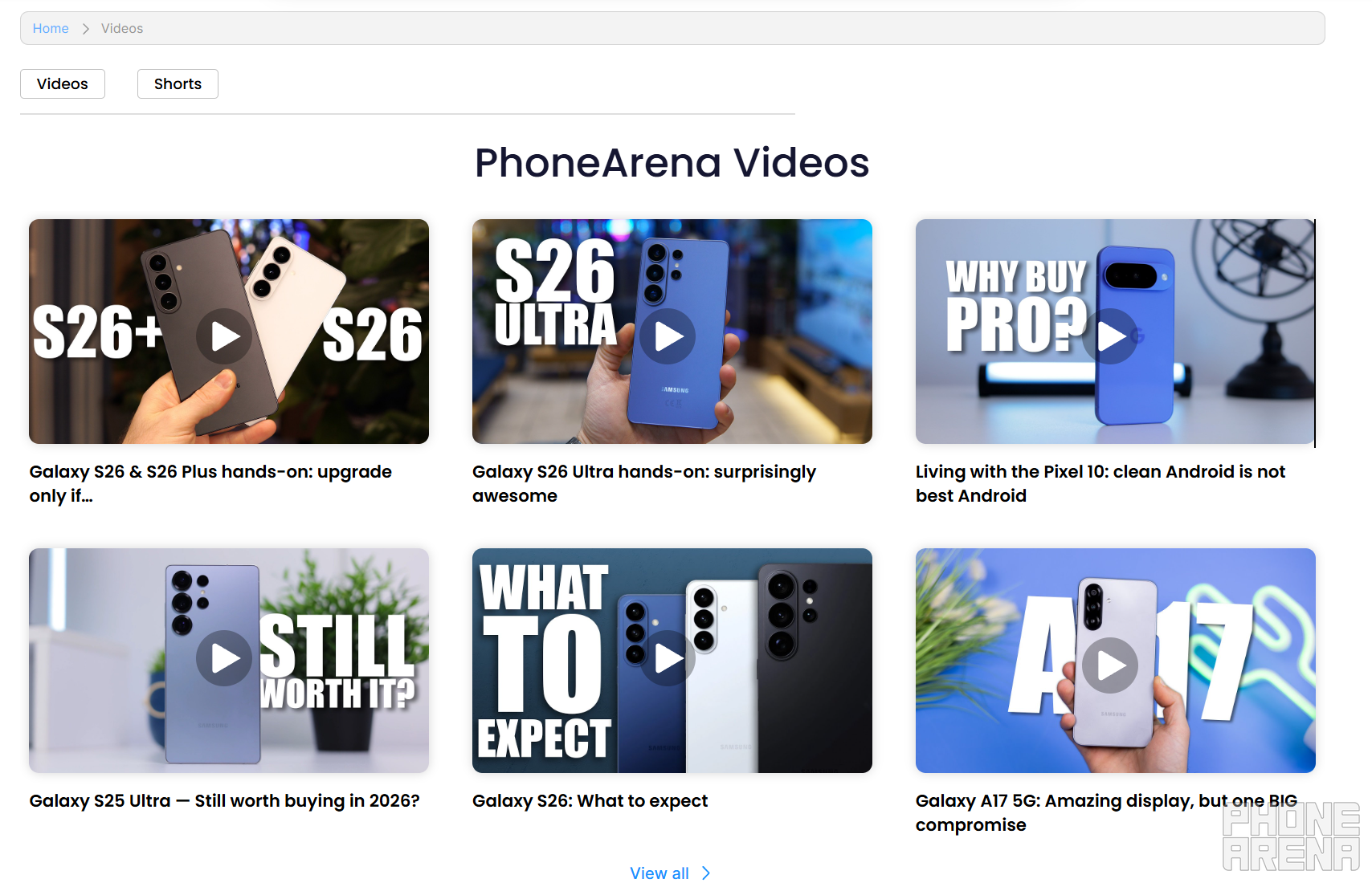 This is what the new Videos page on the website looks like. | Image by PhoneArena - Watch your favorite videos and shorts without ever leaving PhoneArena