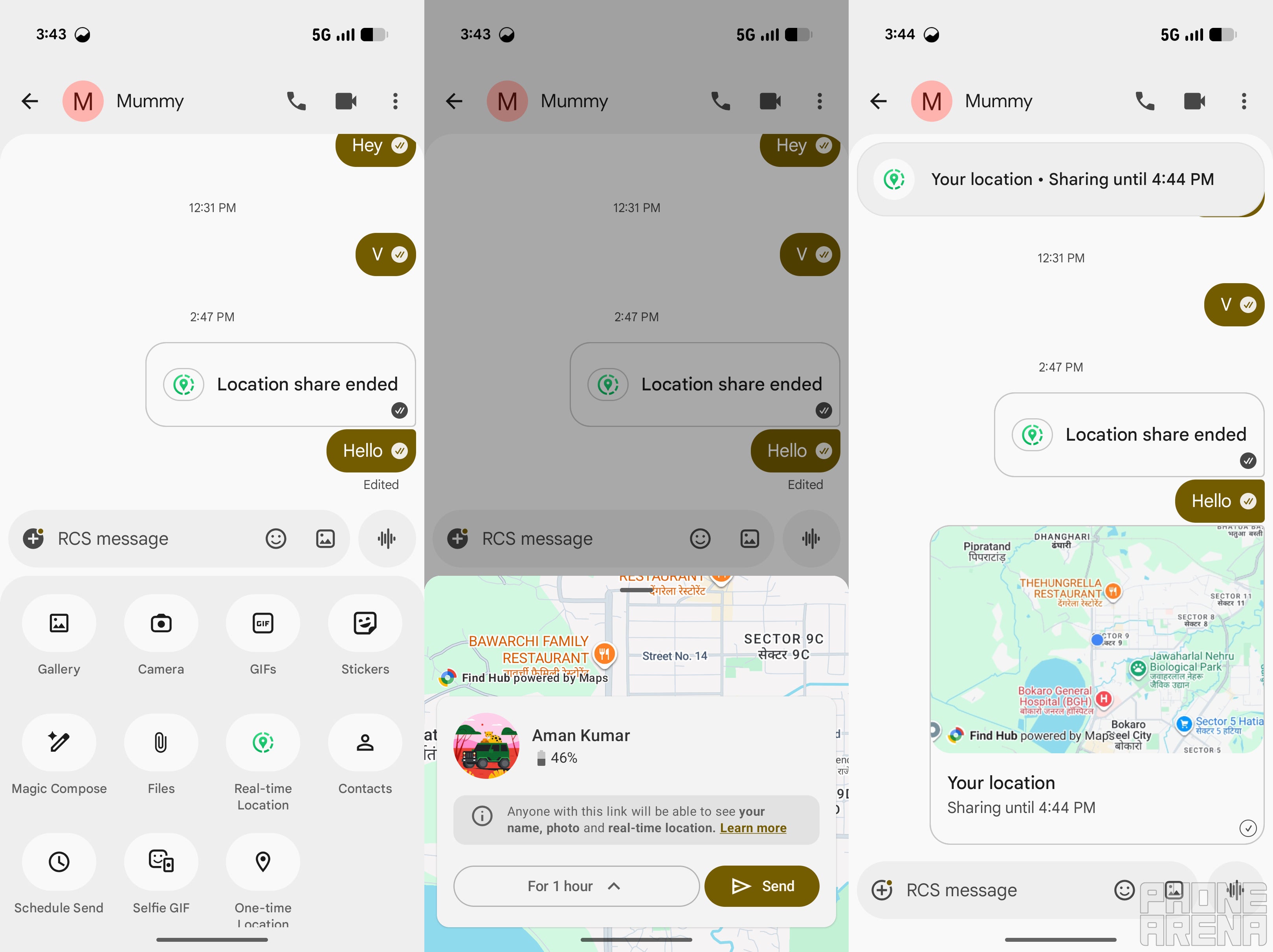 Real-time location sharing in Google Messages.