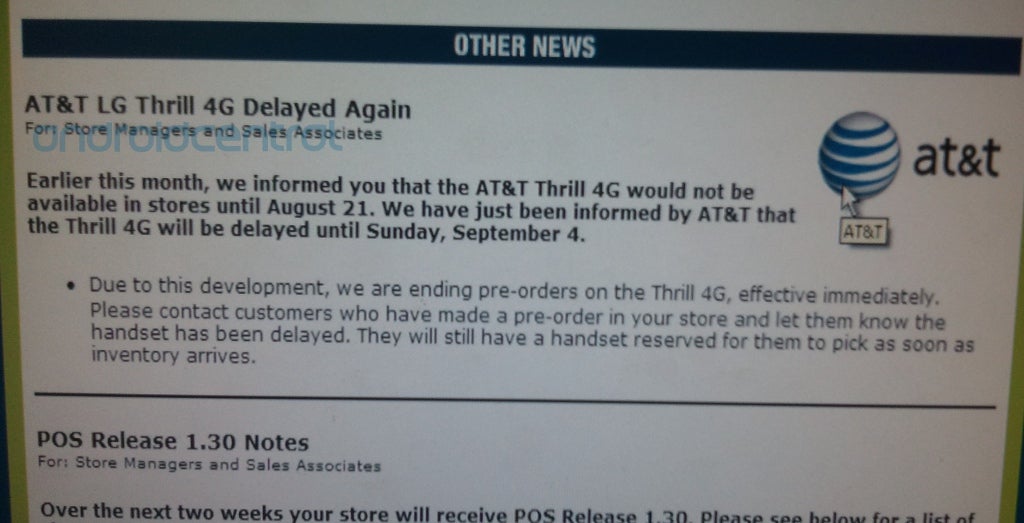 The release date of the LG Thrill 4G is pushed to September 4, according to this document - LG Thrill 4G release date moved to September 4, according to rumors
