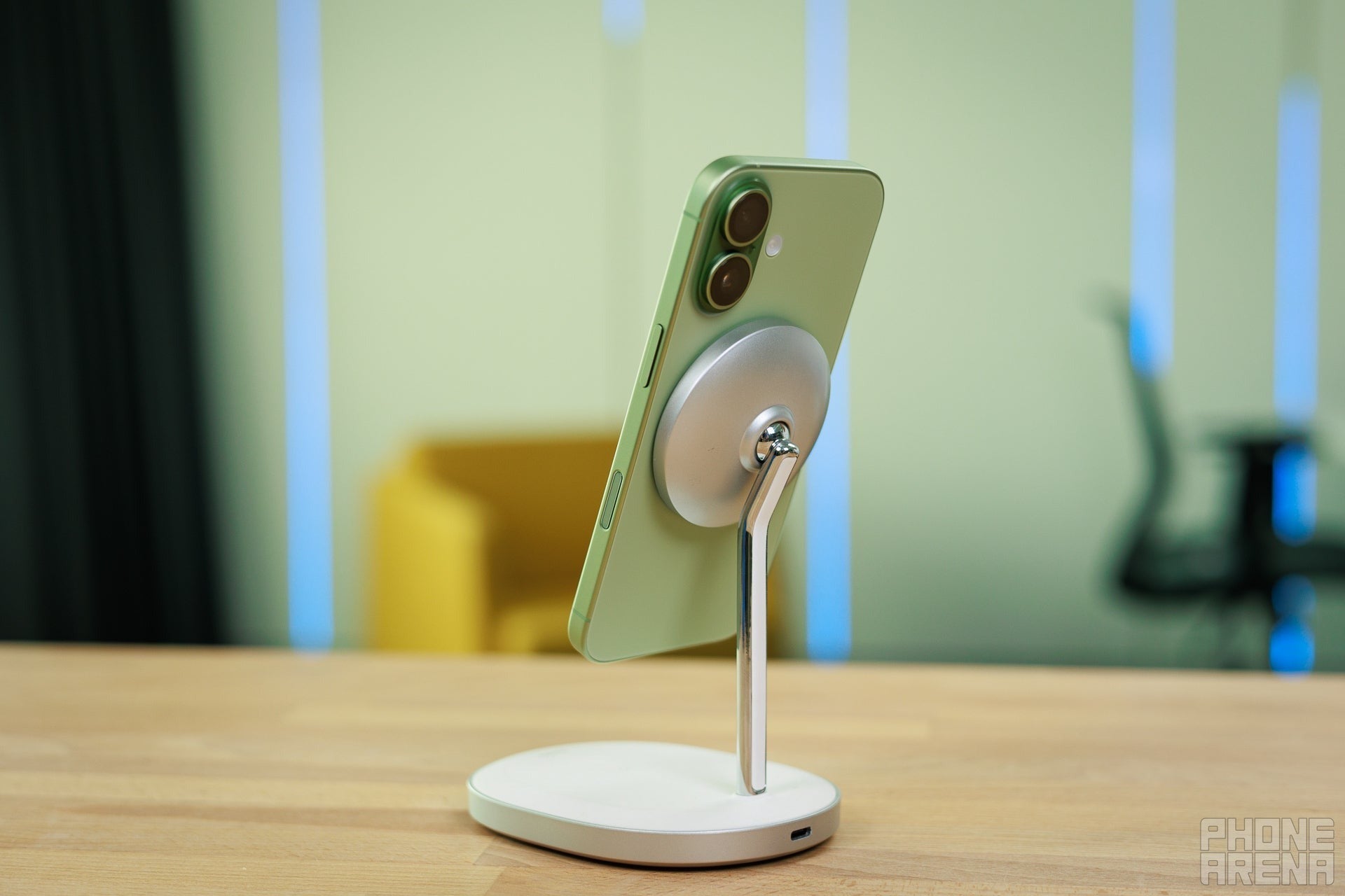 Apple iPhone 17e rear design on MagSafe stand